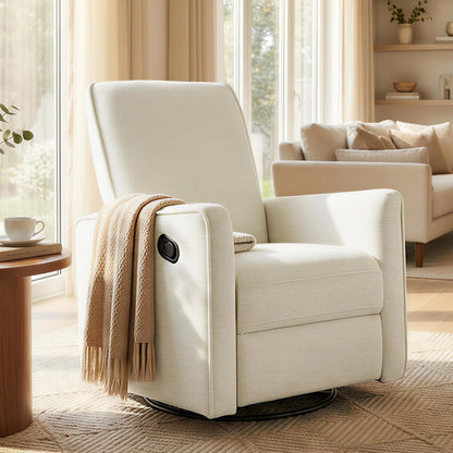 Upholstered Recliner Swivel Glider Nursery Chair Reclining Performance Fabric Rocker with Wood Base,Boucle,Moss Green