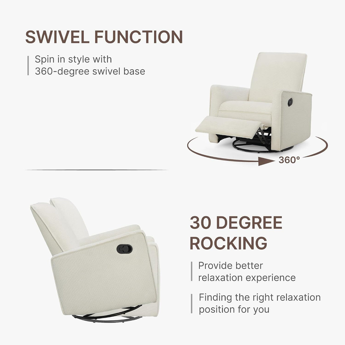 Upholstered Recliner Swivel Glider Nursery Chair Reclining Performance Fabric Rocker with Wood Base,Boucle,Moss Green