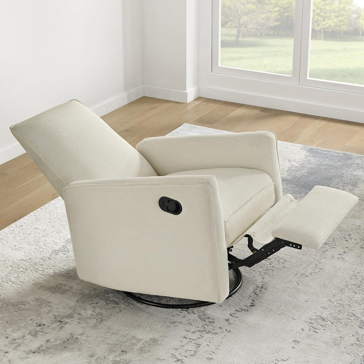 Upholstered Recliner Swivel Glider Nursery Chair Reclining Performance Fabric Rocker with Wood Base,Boucle,Moss Green