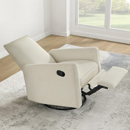 Upholstered Recliner Swivel Glider Nursery Chair Reclining Performance Fabric Rocker with Wood Base,Boucle,Moss Green