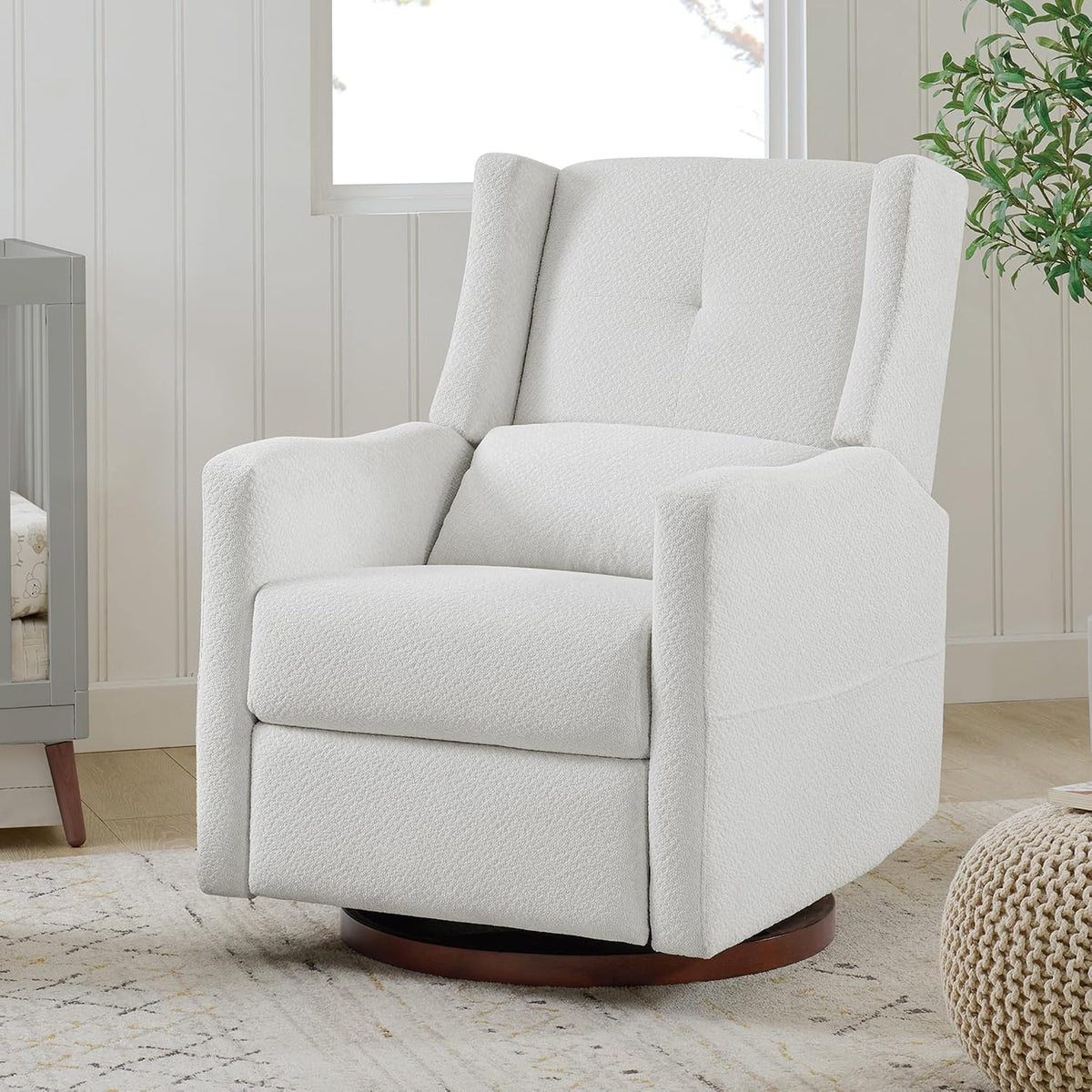 Upholstered Recliner Swivel Glider Nursery Chair Reclining Performance Fabric Rocker with Wood Base,Boucle,Moss Green