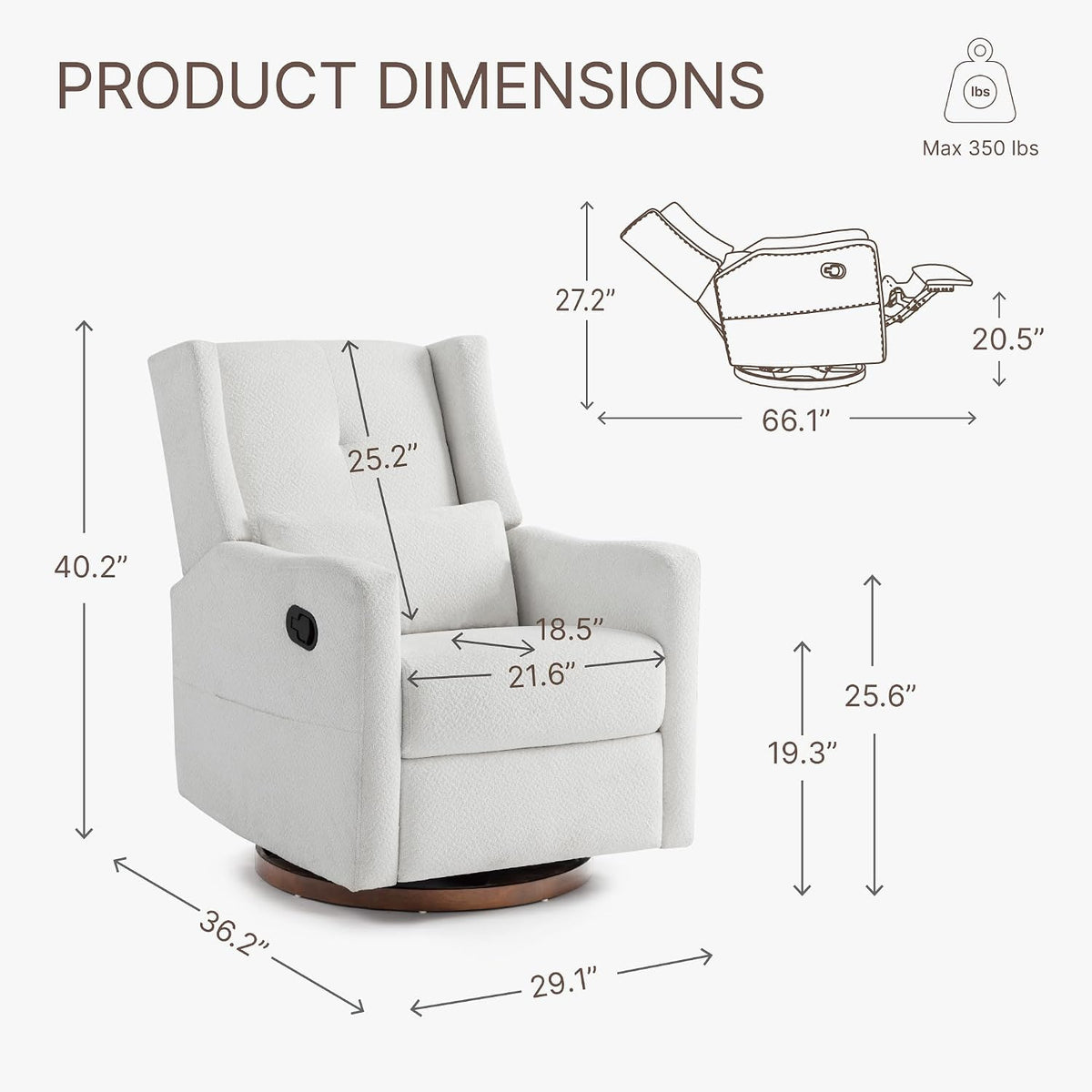 Upholstered Recliner Swivel Glider Nursery Chair Reclining Performance Fabric Rocker with Wood Base,Boucle,Moss Green