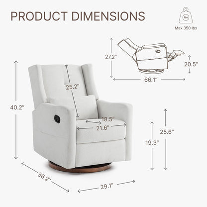 Upholstered Recliner Swivel Glider Nursery Chair Reclining Performance Fabric Rocker with Wood Base,Boucle,Moss Green