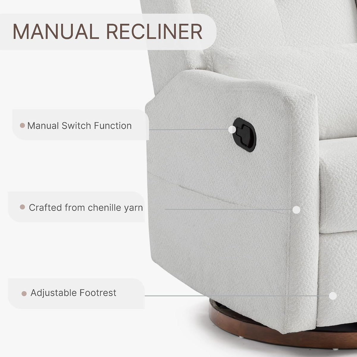 Upholstered Recliner Swivel Glider Nursery Chair Reclining Performance Fabric Rocker with Wood Base,Boucle,Moss Green