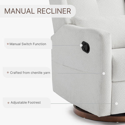 Upholstered Recliner Swivel Glider Nursery Chair Reclining Performance Fabric Rocker with Wood Base,Boucle,Moss Green