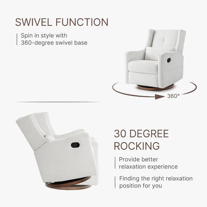 Upholstered Recliner Swivel Glider Nursery Chair Reclining Performance Fabric Rocker with Wood Base,Boucle,Moss Green