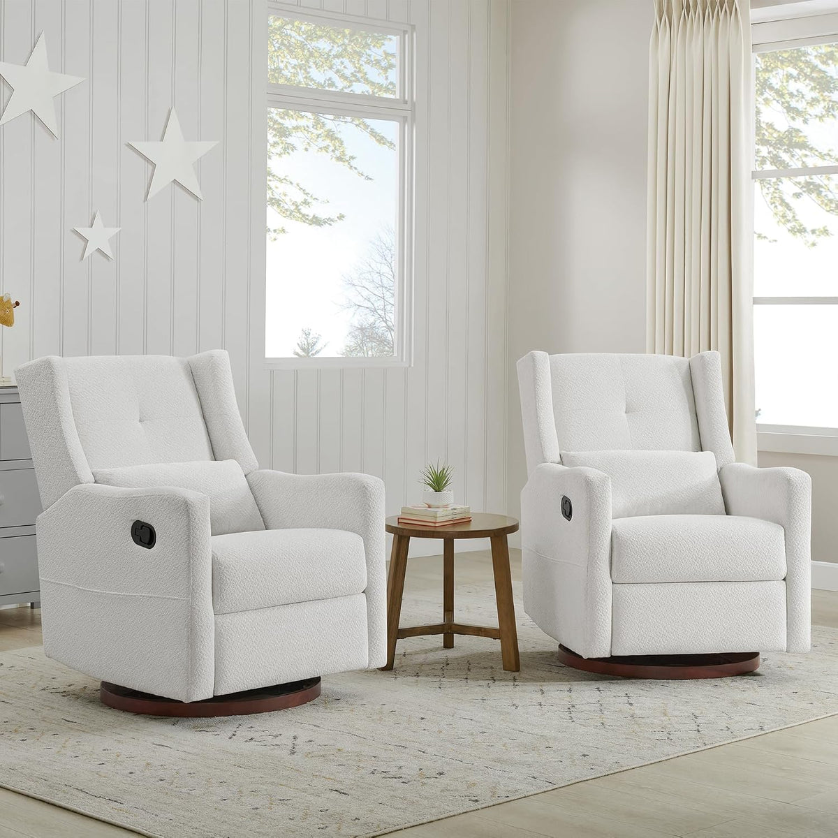 Upholstered Recliner Swivel Glider Nursery Chair Reclining Performance Fabric Rocker with Wood Base,Boucle,Moss Green