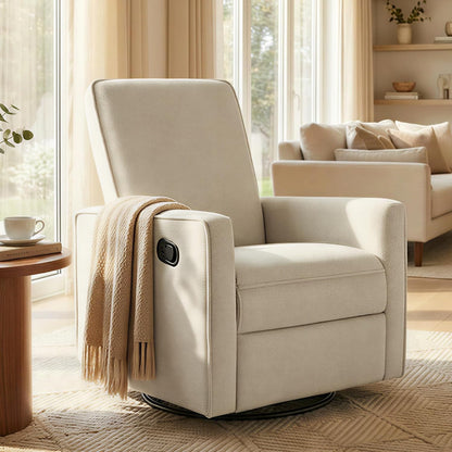 Upholstered Recliner Swivel Glider Nursery Chair Reclining Performance Fabric Rocker with Wood Base,Boucle,Moss Green