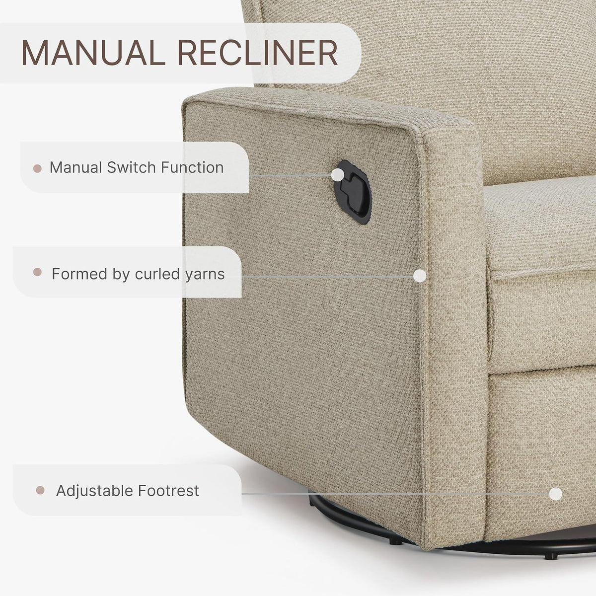 Upholstered Recliner Swivel Glider Nursery Chair Reclining Performance Fabric Rocker with Wood Base,Boucle,Moss Green