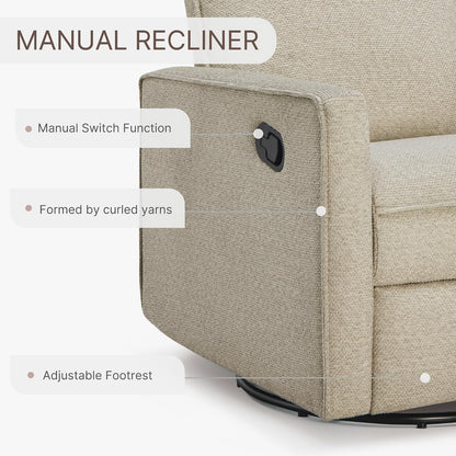 Upholstered Recliner Swivel Glider Nursery Chair Reclining Performance Fabric Rocker with Wood Base,Boucle,Moss Green