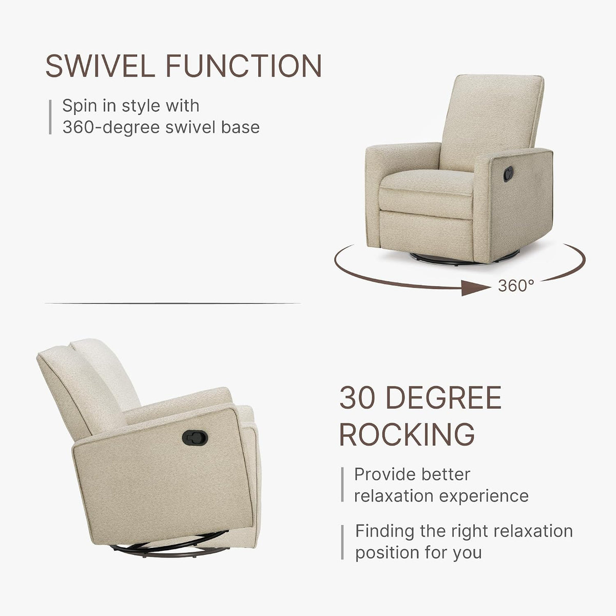 Upholstered Recliner Swivel Glider Nursery Chair Reclining Performance Fabric Rocker with Wood Base,Boucle,Moss Green