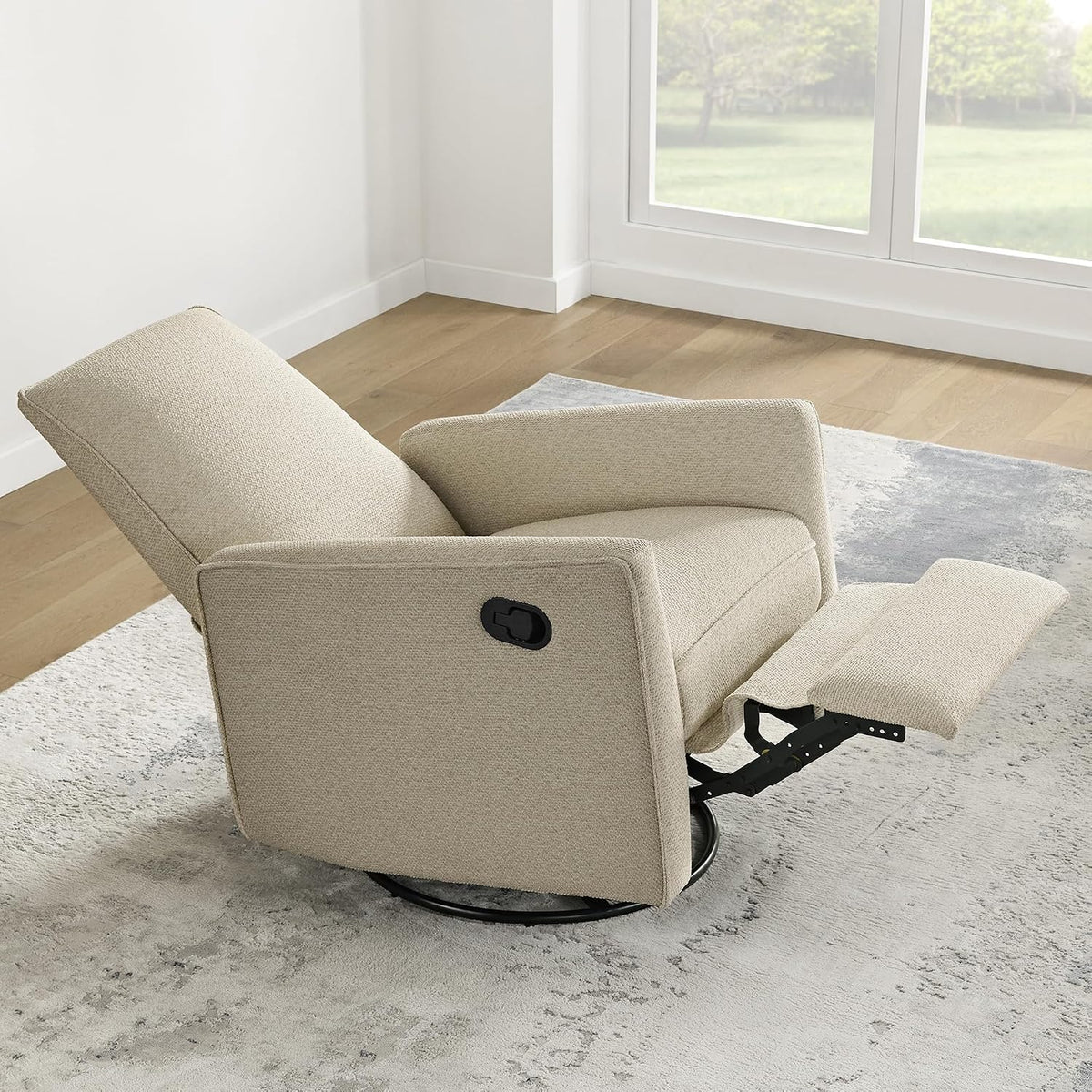 Upholstered Recliner Swivel Glider Nursery Chair Reclining Performance Fabric Rocker with Wood Base,Boucle,Moss Green