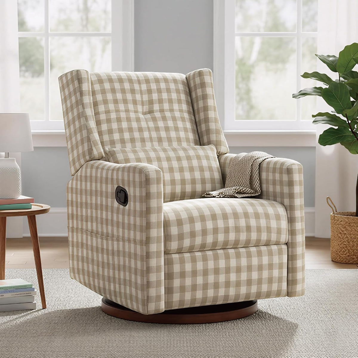 Upholstered Recliner Swivel Glider Nursery Chair Reclining Performance Fabric Rocker with Wood Base,Boucle,Moss Green