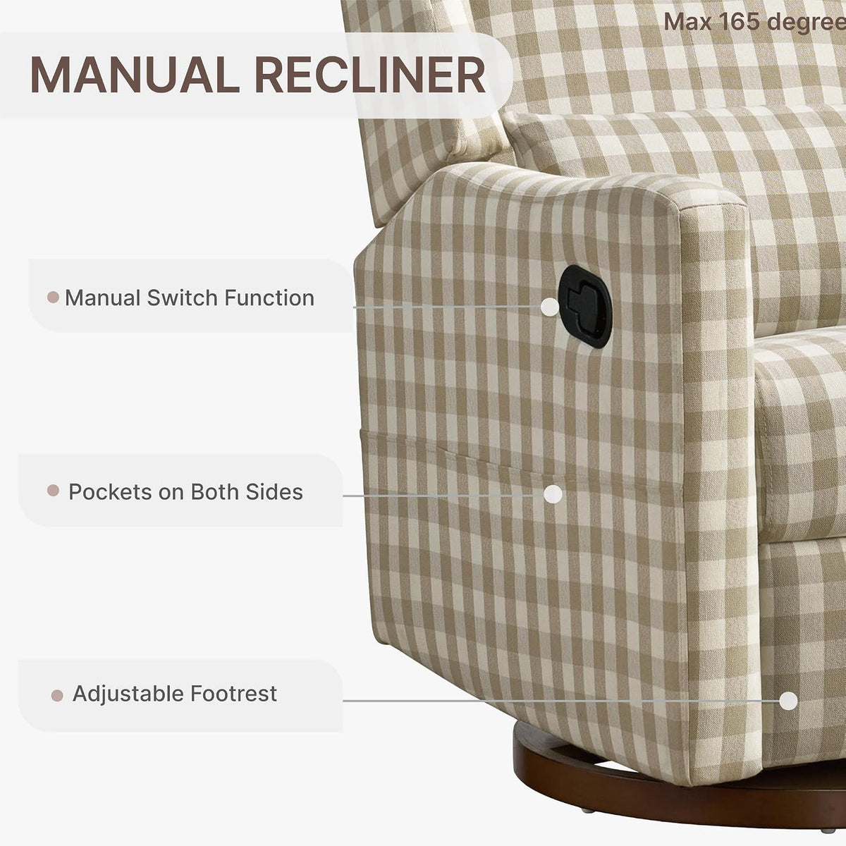 Upholstered Recliner Swivel Glider Nursery Chair Reclining Performance Fabric Rocker with Wood Base,Boucle,Moss Green