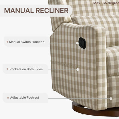 Upholstered Recliner Swivel Glider Nursery Chair Reclining Performance Fabric Rocker with Wood Base,Boucle,Moss Green