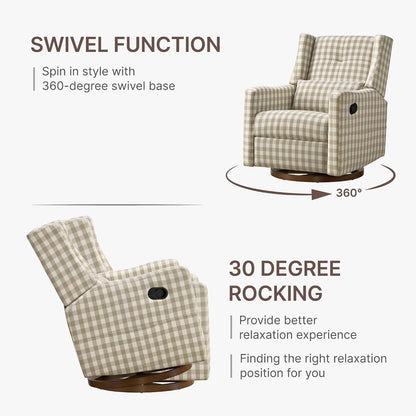 Upholstered Recliner Swivel Glider Nursery Chair Reclining Performance Fabric Rocker with Wood Base,Boucle,Moss Green