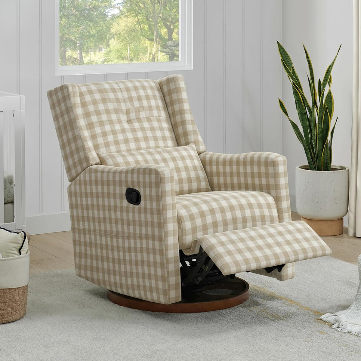 Upholstered Recliner Swivel Glider Nursery Chair Reclining Performance Fabric Rocker with Wood Base,Boucle,Moss Green