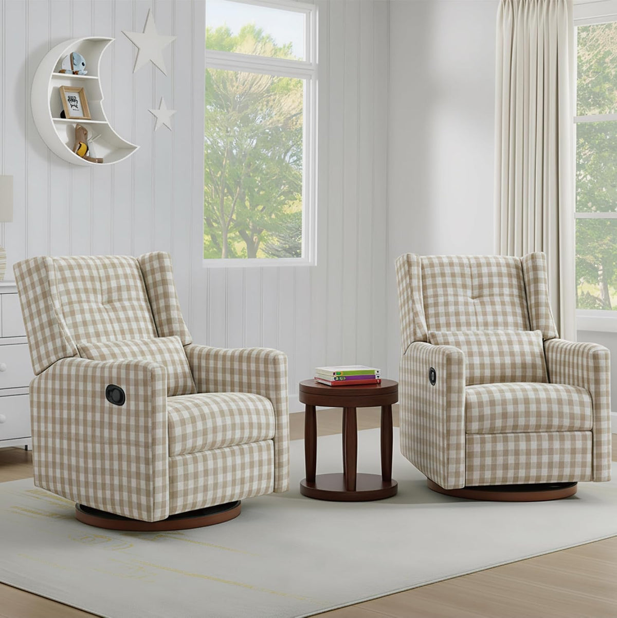 Upholstered Recliner Swivel Glider Nursery Chair Reclining Performance Fabric Rocker with Wood Base,Boucle,Moss Green