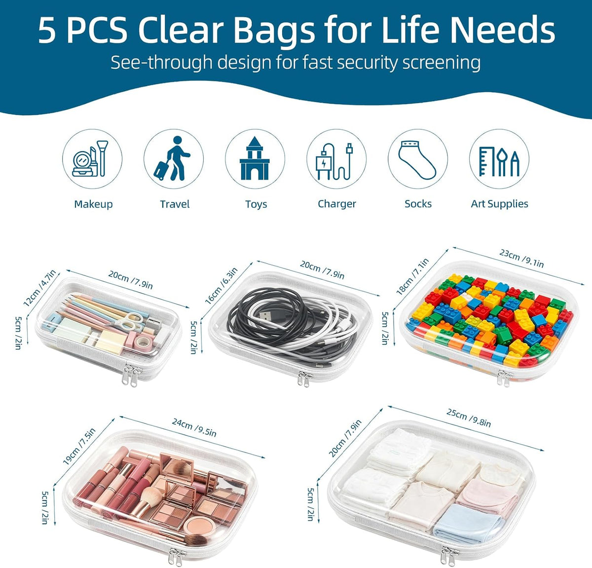 5 Pack Clear Hard Shell Storage Case for Makeup Organizer & Travel Toiletry