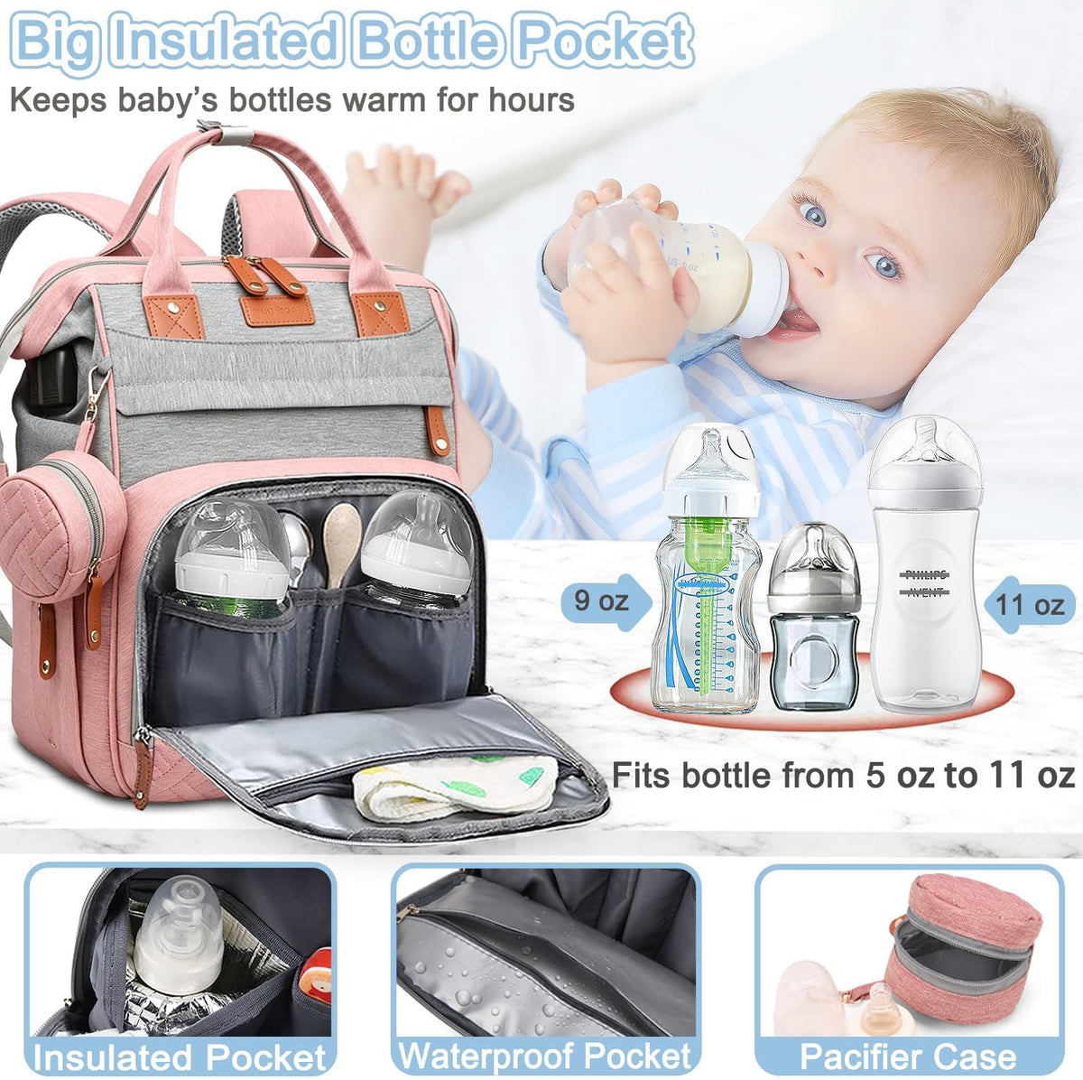 Diaper Bag Backpack Baby Bag for Mom Dad with Changing Pad, 19 Pockets, Large Waterproof Travel Baby Girl Boy Toddle Diaper Bag with Insulated Pocket, Baby Shower Gifts, Grey
