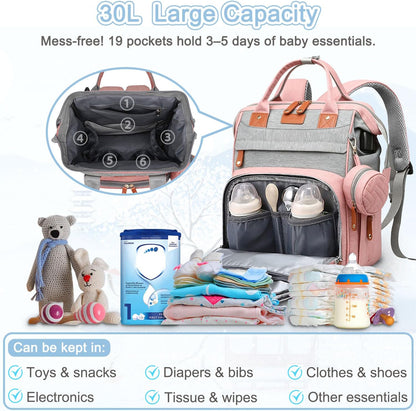 Diaper Bag Backpack Baby Bag for Mom Dad with Changing Pad, 19 Pockets, Large Waterproof Travel Baby Girl Boy Toddle Diaper Bag with Insulated Pocket, Baby Shower Gifts, Grey