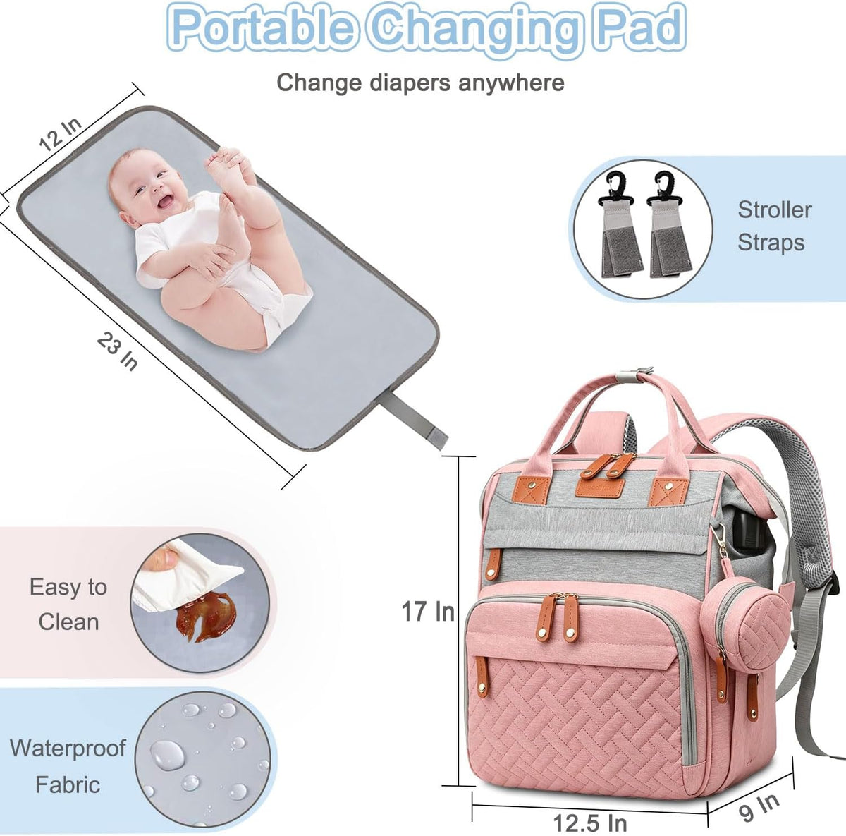 Diaper Bag Backpack Baby Bag for Mom Dad with Changing Pad, 19 Pockets, Large Waterproof Travel Baby Girl Boy Toddle Diaper Bag with Insulated Pocket, Baby Shower Gifts, Grey