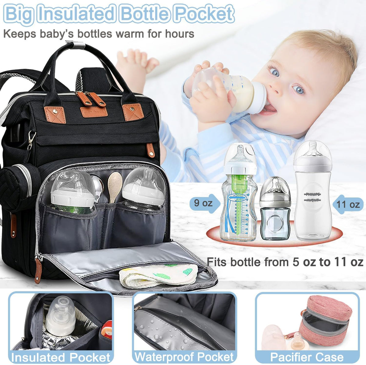 Diaper Bag Backpack Baby Bag for Mom Dad with Changing Pad, 19 Pockets, Large Waterproof Travel Baby Girl Boy Toddle Diaper Bag with Insulated Pocket, Baby Shower Gifts, Grey