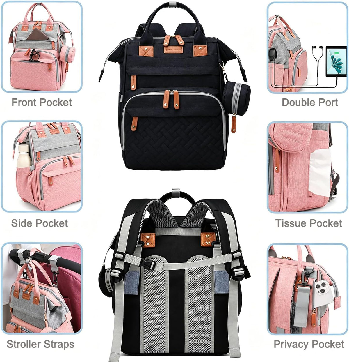Diaper Bag Backpack Baby Bag for Mom Dad with Changing Pad, 19 Pockets, Large Waterproof Travel Baby Girl Boy Toddle Diaper Bag with Insulated Pocket, Baby Shower Gifts, Grey