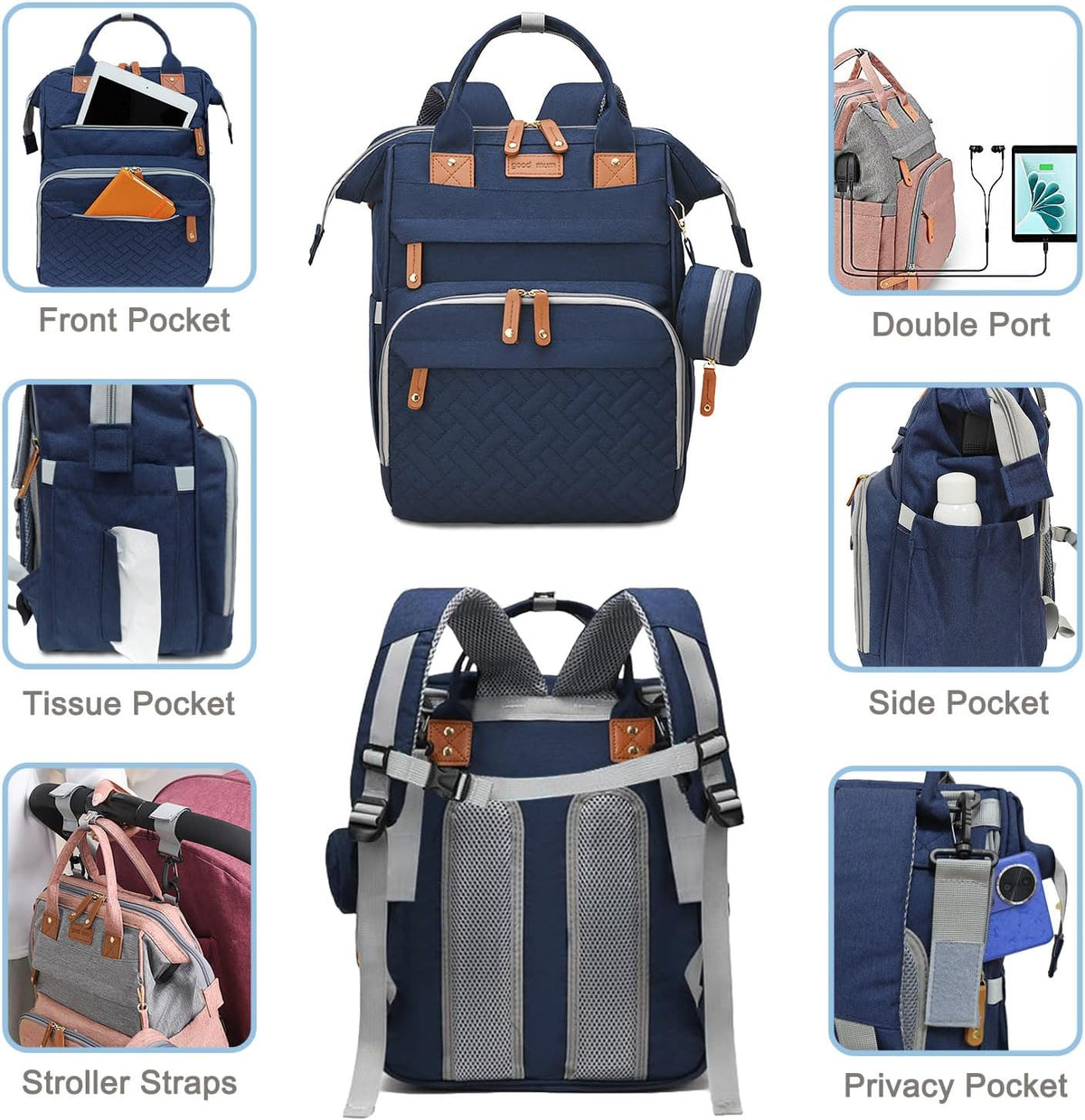 Diaper Bag Backpack Baby Bag for Mom Dad with Changing Pad, 19 Pockets, Large Waterproof Travel Baby Girl Boy Toddle Diaper Bag with Insulated Pocket, Baby Shower Gifts, Grey