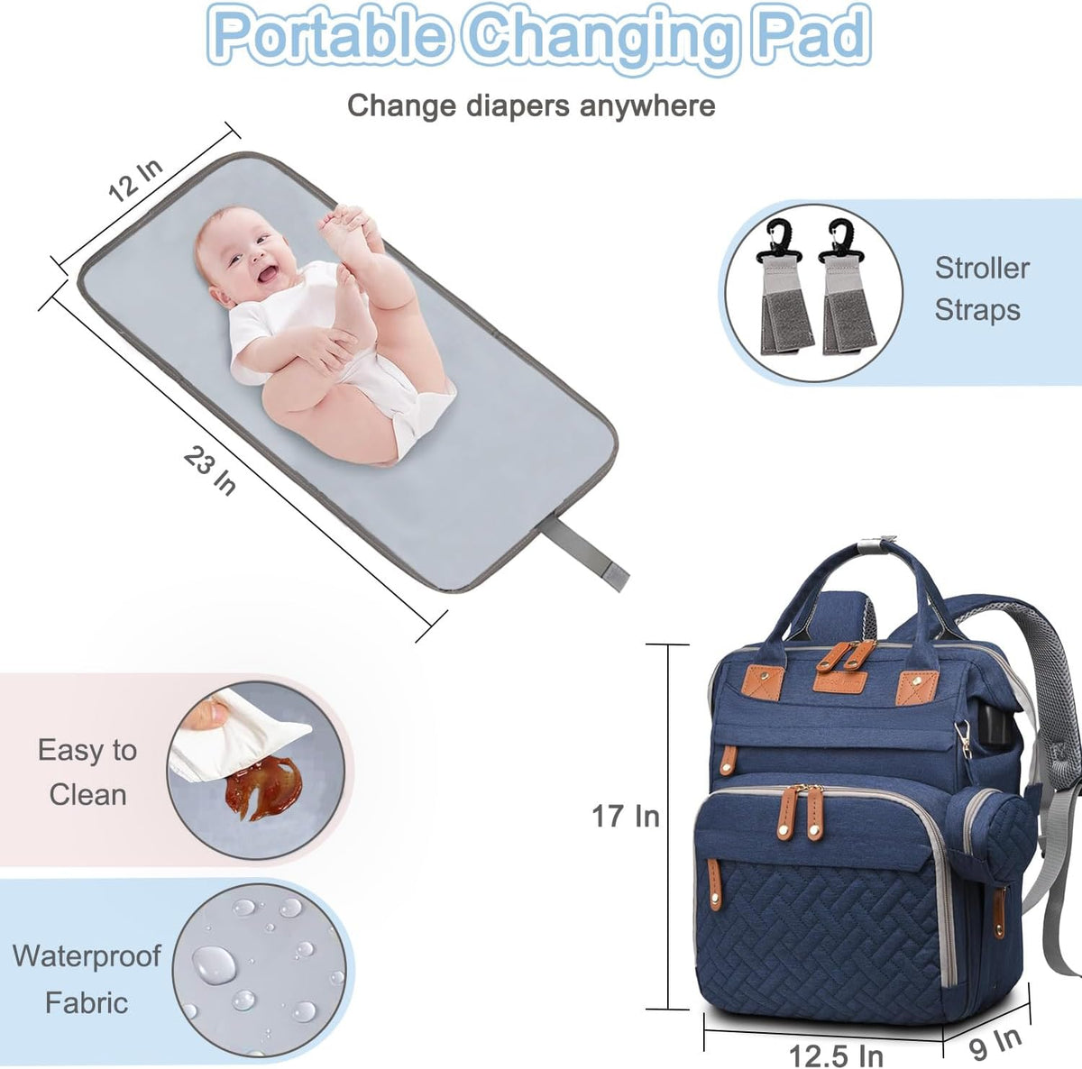 Diaper Bag Backpack Baby Bag for Mom Dad with Changing Pad, 19 Pockets, Large Waterproof Travel Baby Girl Boy Toddle Diaper Bag with Insulated Pocket, Baby Shower Gifts, Grey
