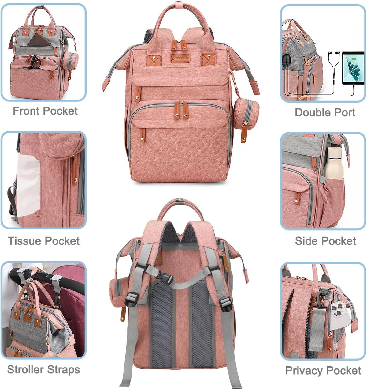 Diaper Bag Backpack Baby Bag for Mom Dad with Changing Pad, 19 Pockets, Large Waterproof Travel Baby Girl Boy Toddle Diaper Bag with Insulated Pocket, Baby Shower Gifts, Grey