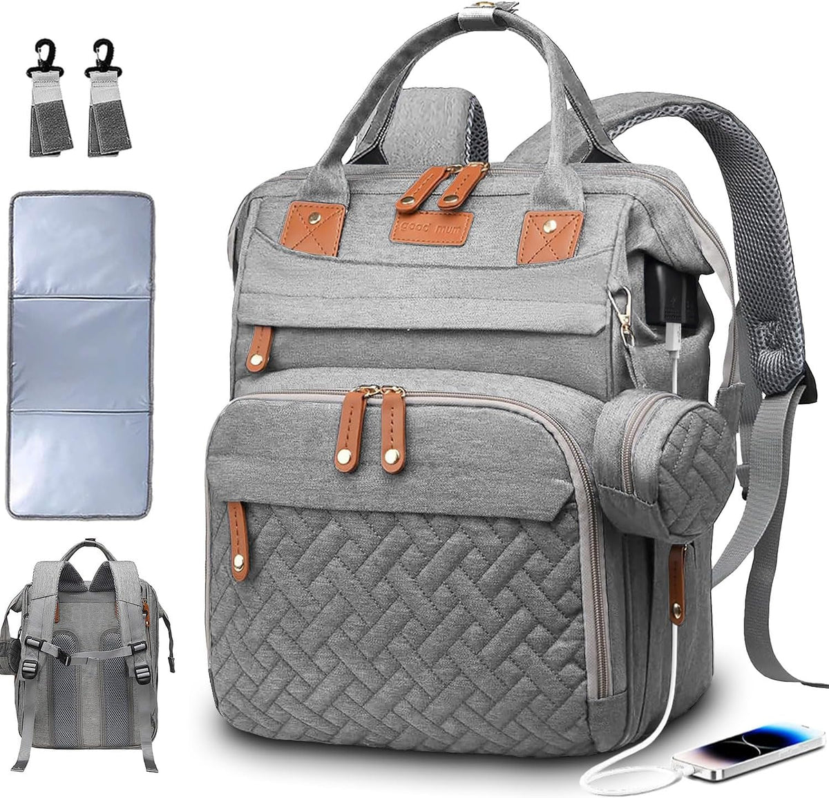 Diaper Bag Backpack Baby Bag for Mom Dad with Changing Pad, 19 Pockets, Large Waterproof Travel Baby Girl Boy Toddle Diaper Bag with Insulated Pocket, Baby Shower Gifts, Grey