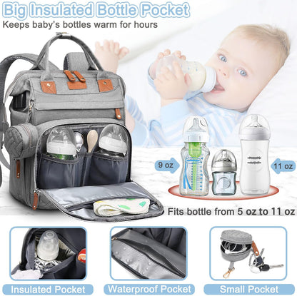 Diaper Bag Backpack Baby Bag for Mom Dad with Changing Pad, 19 Pockets, Large Waterproof Travel Baby Girl Boy Toddle Diaper Bag with Insulated Pocket, Baby Shower Gifts, Grey