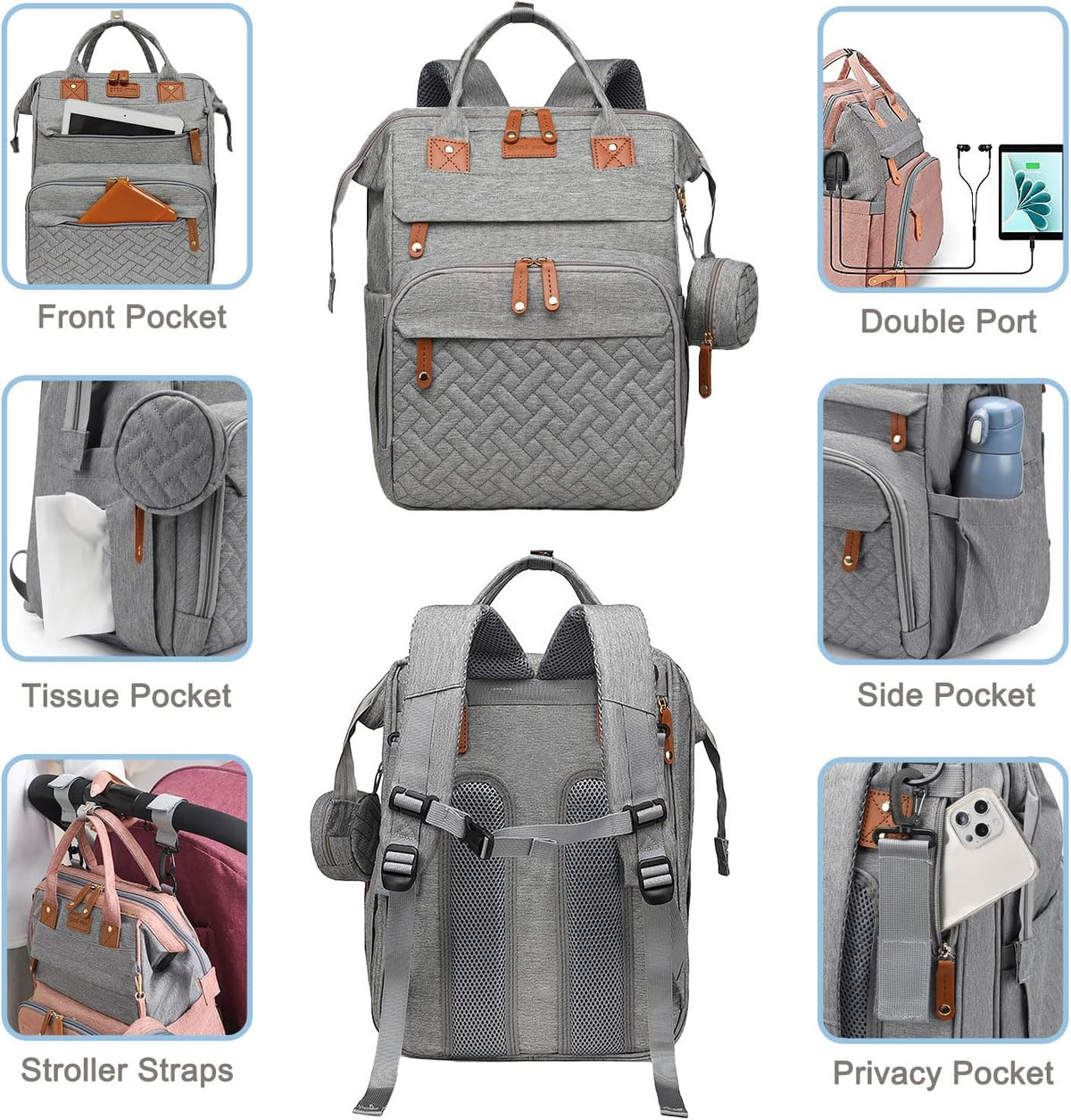 Diaper Bag Backpack Baby Bag for Mom Dad with Changing Pad, 19 Pockets, Large Waterproof Travel Baby Girl Boy Toddle Diaper Bag with Insulated Pocket, Baby Shower Gifts, Grey