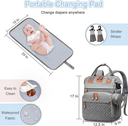 Diaper Bag Backpack Baby Bag for Mom Dad with Changing Pad, 19 Pockets, Large Waterproof Travel Baby Girl Boy Toddle Diaper Bag with Insulated Pocket, Baby Shower Gifts, Grey