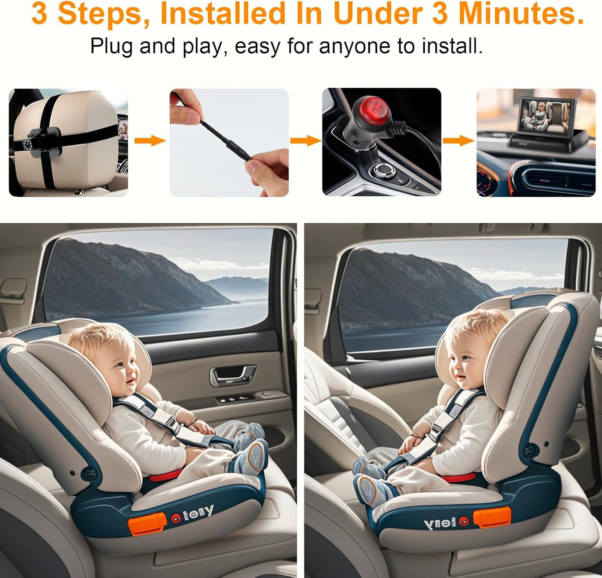 Baby Car Camera Monitor,Baby car Mirror,for USB/USBC/CigaretteLighter Ports, View Infant in Rear Facing Seat with Wide Clear View,Aimed at Baby-Easily to Observe The Baby's Every Move