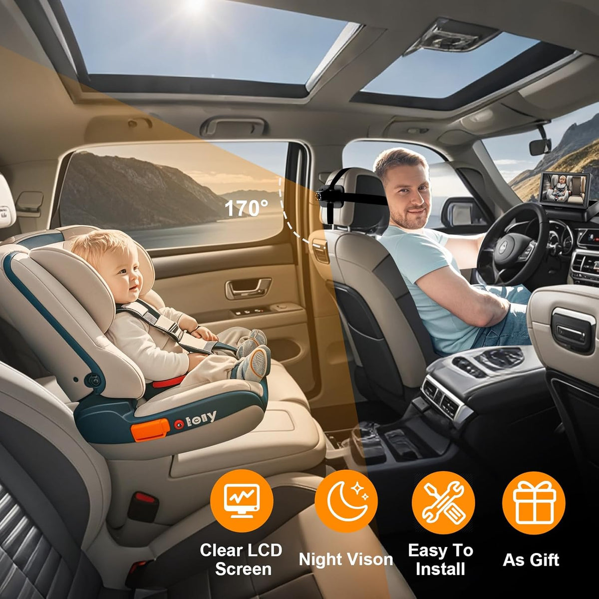 Baby Car Camera Monitor,Baby car Mirror,for USB/USBC/CigaretteLighter Ports, View Infant in Rear Facing Seat with Wide Clear View,Aimed at Baby-Easily to Observe The Baby's Every Move