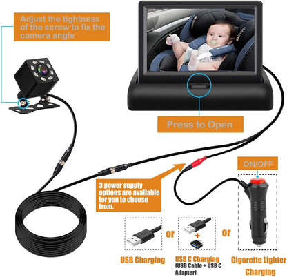 Baby Car Camera Monitor,Baby car Mirror,for USB/USBC/CigaretteLighter Ports, View Infant in Rear Facing Seat with Wide Clear View,Aimed at Baby-Easily to Observe The Baby's Every Move