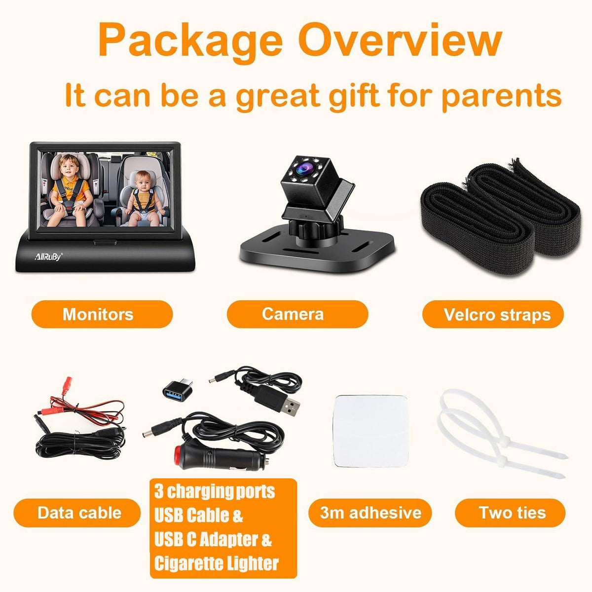 Baby Car Camera Monitor,Baby car Mirror,for USB/USBC/CigaretteLighter Ports, View Infant in Rear Facing Seat with Wide Clear View,Aimed at Baby-Easily to Observe The Baby's Every Move