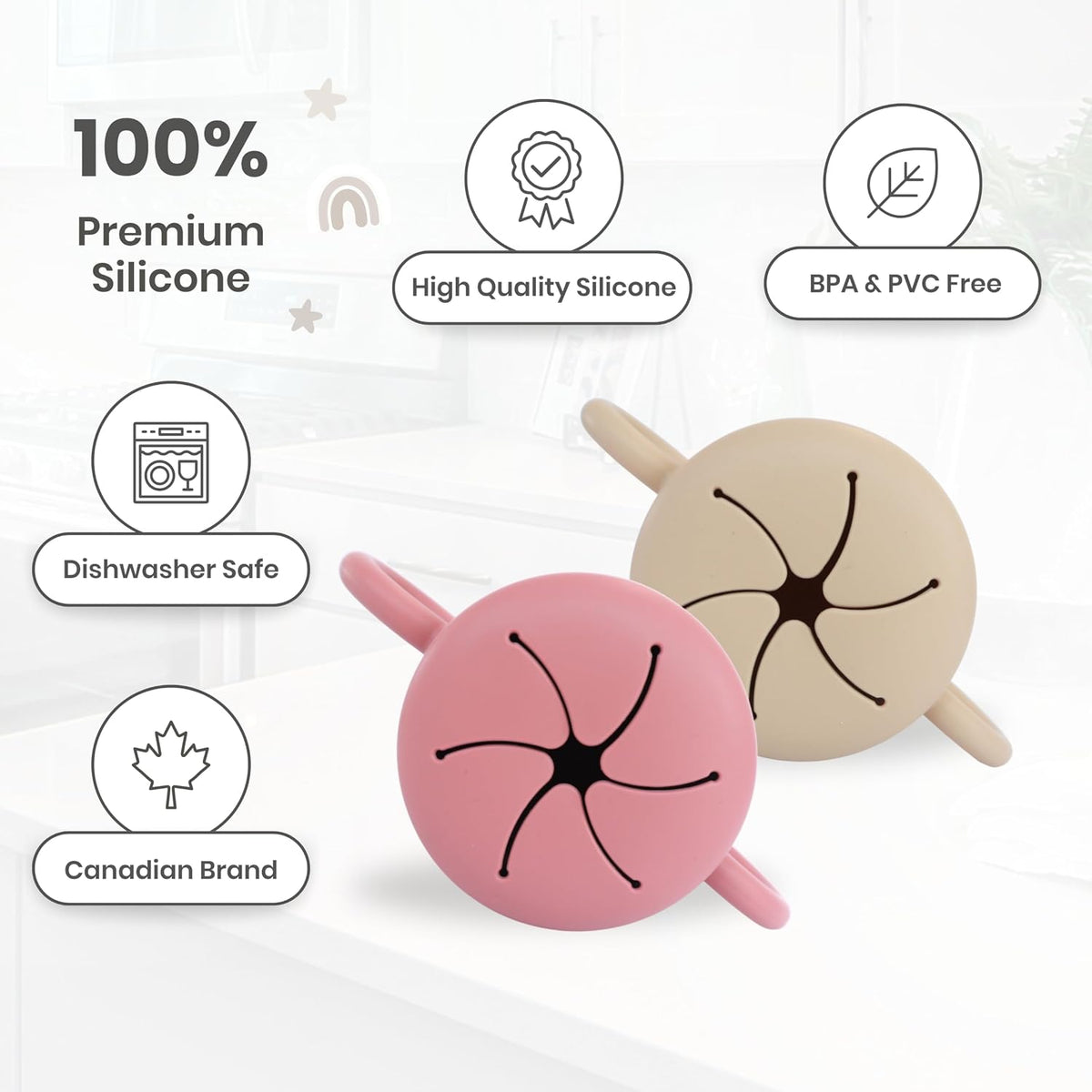 Toddler Snack Cups, Baby Snack Containers, Silicone Snack Cups For Toddlers Spill Proof, Toddler Feeding Supplies, Daycare Essentials Kids Snack Container For Travel, BPA Free (Rose/Almond)