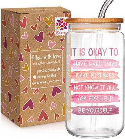 Mental Health “It Is Okay To...” Glass Cup Affirmation Gifts for Women, Self-Compassion Gifts, Anxiety Relief & Positive Workspace Accessories Gift for Friends Bestie Coworkers Sister Brother-184