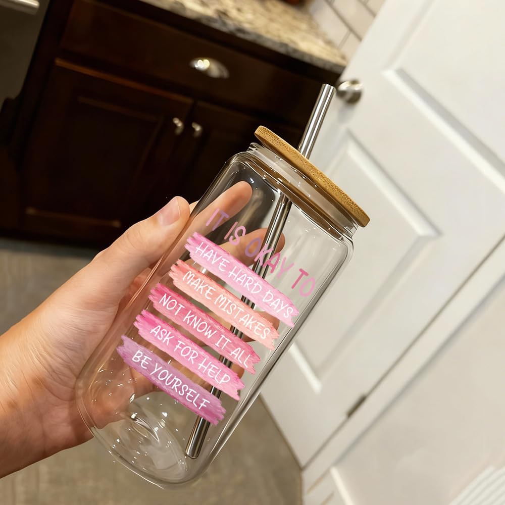 Mental Health “It Is Okay To...” Glass Cup Affirmation Gifts for Women, Self-Compassion Gifts, Anxiety Relief & Positive Workspace Accessories Gift for Friends Bestie Coworkers Sister Brother-184