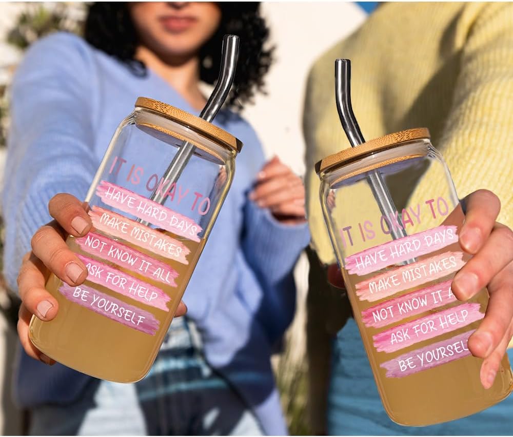 Mental Health “It Is Okay To...” Glass Cup Affirmation Gifts for Women, Self-Compassion Gifts, Anxiety Relief & Positive Workspace Accessories Gift for Friends Bestie Coworkers Sister Brother-184