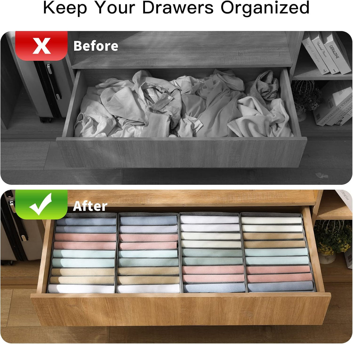 4 Pack Drawer Organizers, 10 Grids Foldable Dresser Organizers for Clothing, Folded Clothes, T-shirt, Tank Tops, Camisoles, Underwear, Leggings, Baby Clothes