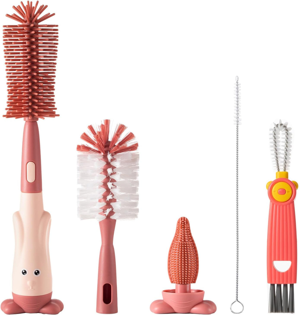 Ariseno 5-in-1 Baby Bottle Brush Set, Bottle Brush for Baby, Baby Bottle Scrubber, Including Silicone & Nylon Bottle Brush, Bottle Cap Brush, Straw Brush, Nipple Brush, BPA-Free (Red)