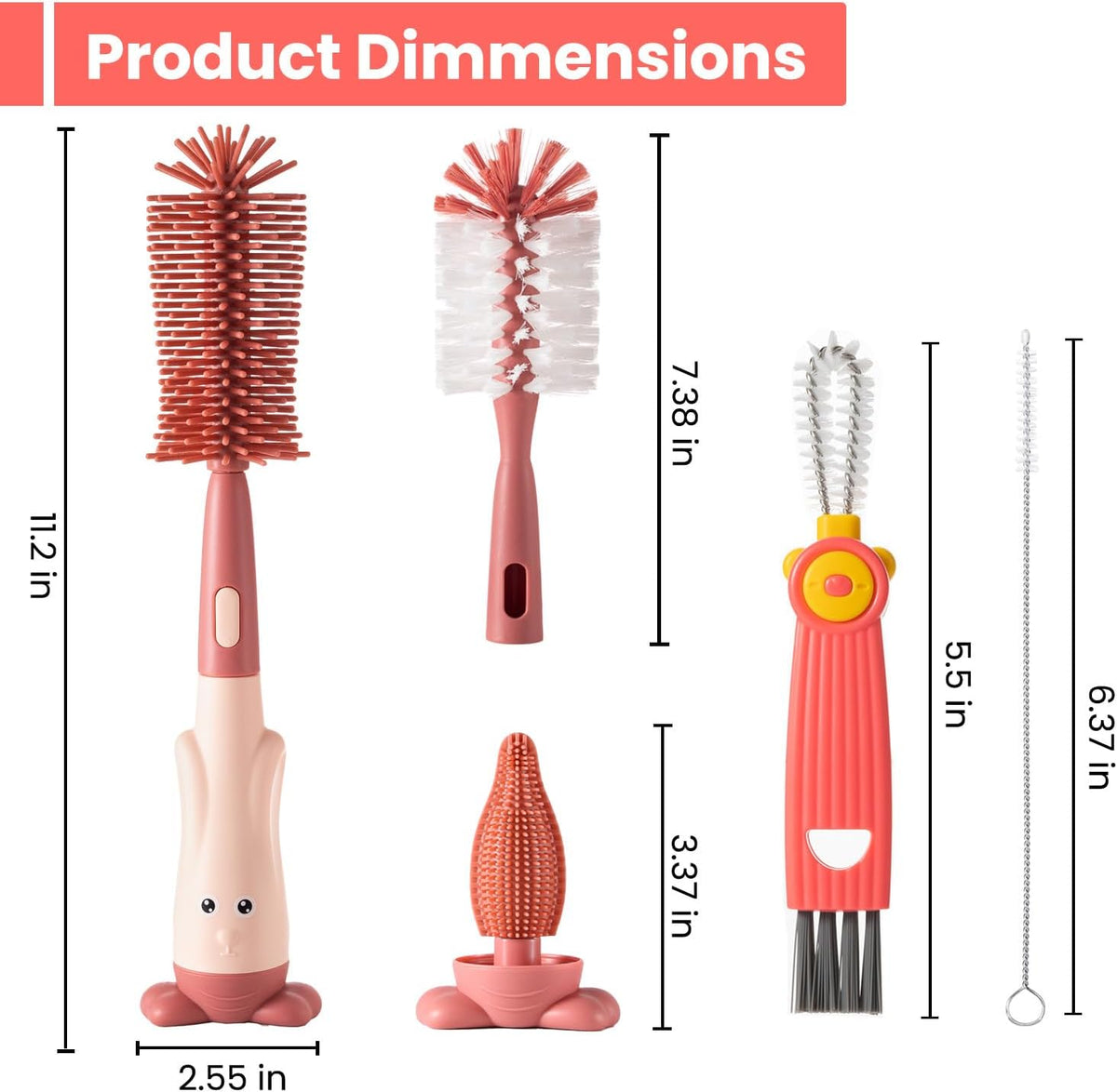 Ariseno 5-in-1 Baby Bottle Brush Set, Bottle Brush for Baby, Baby Bottle Scrubber, Including Silicone & Nylon Bottle Brush, Bottle Cap Brush, Straw Brush, Nipple Brush, BPA-Free (Red)