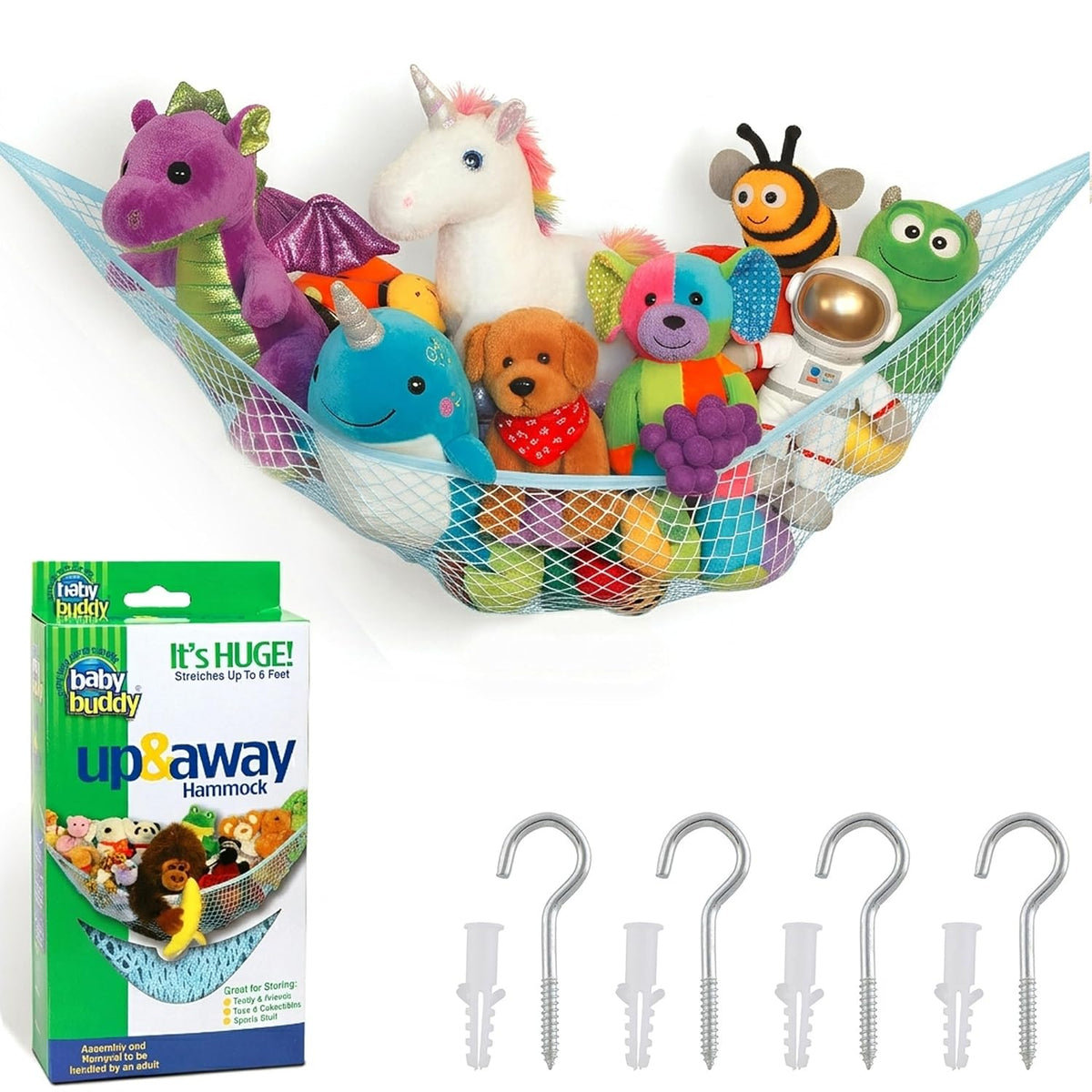Stuffed Animal Hammock Storage Net - Corner Space-Saving Toy Organizer for Nursery and Kids Bedroom Organization, Holds 25 Pounds, Easy Wall Mount, White