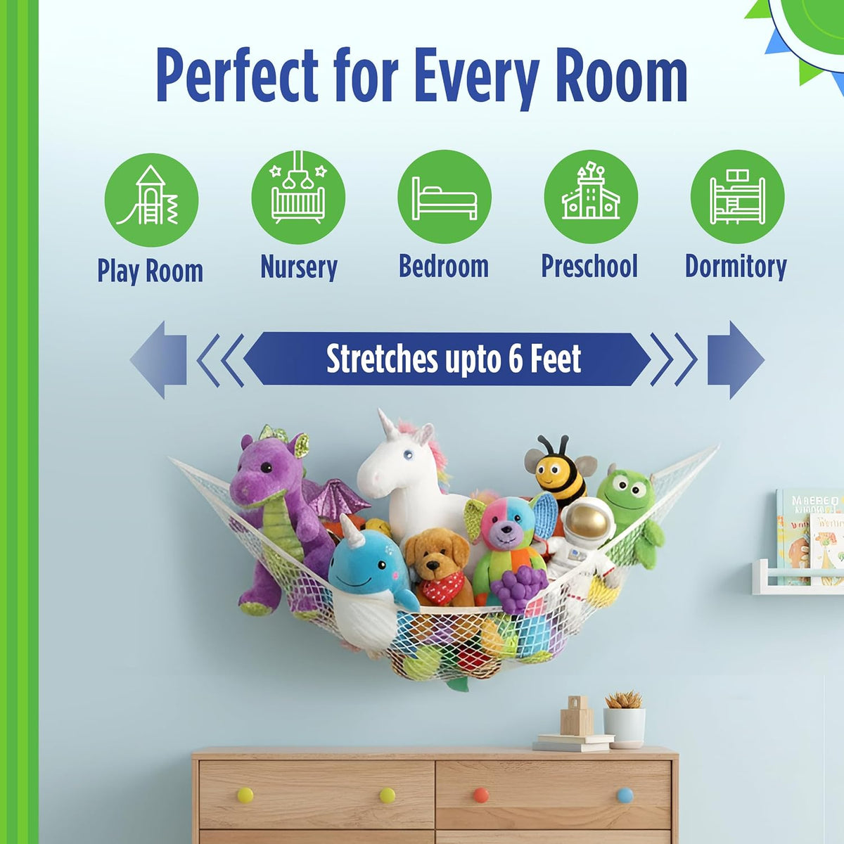 Stuffed Animal Hammock Storage Net - Corner Space-Saving Toy Organizer for Nursery and Kids Bedroom Organization, Holds 25 Pounds, Easy Wall Mount, White