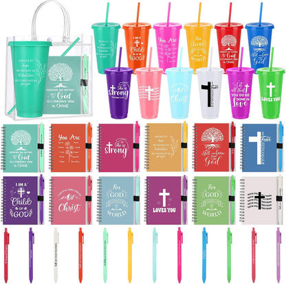 24 Sets Church Gifts Bulk for Women Mother Bible Verses Cups with Straws Cups Lids and Notebooks Pens Handbags for Church Bible Verse Valentines Inspirational Gifts