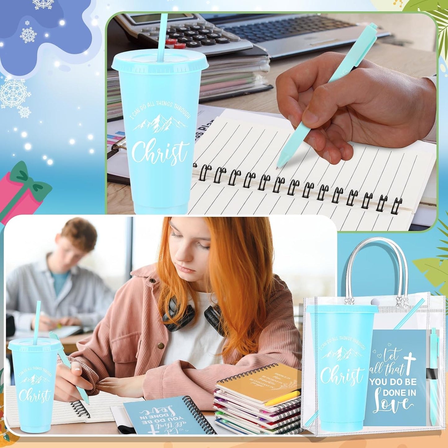 24 Sets Church Gifts Bulk for Women Mother Bible Verses Cups with Straws Cups Lids and Notebooks Pens Handbags for Church Bible Verse Valentines Inspirational Gifts